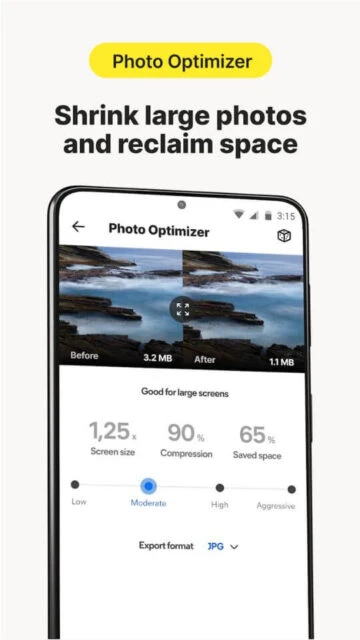 Norton Cleaner Photo Optimizer shrinks large photos 3.2MB to 1.1MB reclaiming 65% space