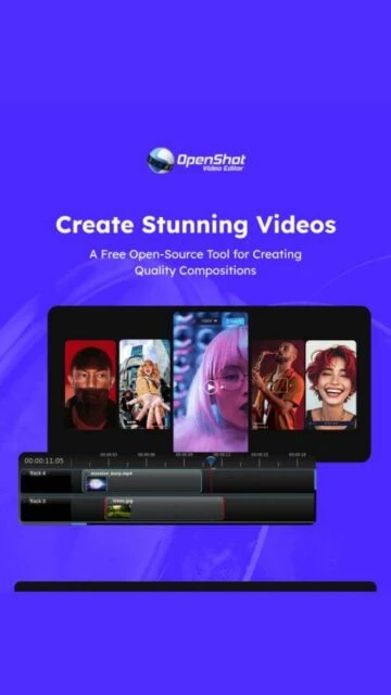 OpenShot Video Editor promo: create stunning videos, multi-track timeline.