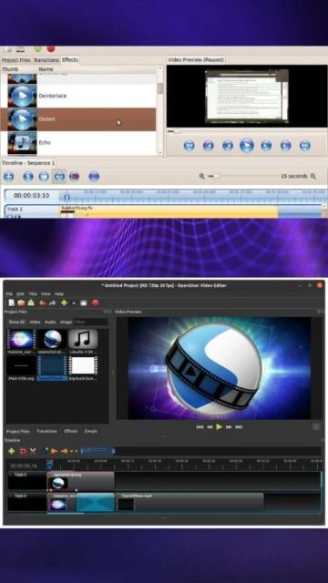 OpenShot effects panel with Deinterlace, Distort, Echo options shown.
