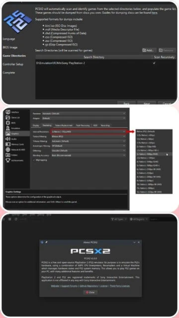 PCSX2 game directory, graphics settings, and about screen.
