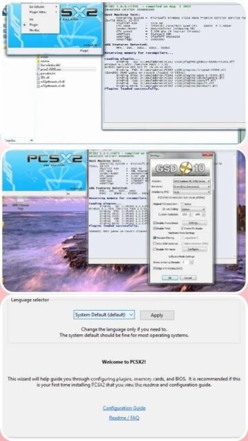 PCSX2 setup screens showing plugin loading and language selection.