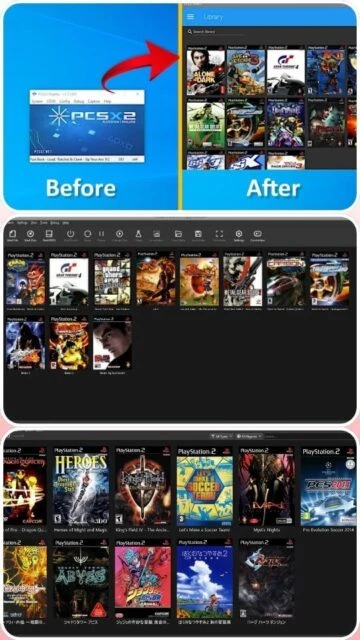 PCSX2 library view before and after adding game covers.