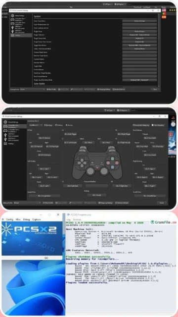 PCSX2 system settings, controller mapping, and log output.