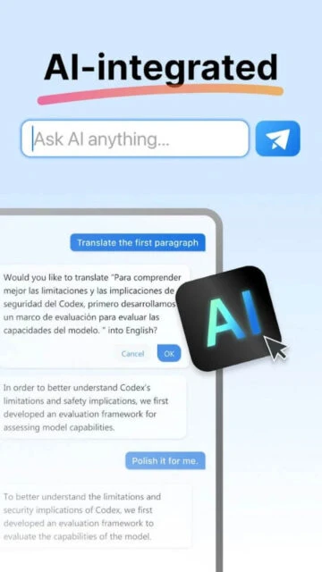 PDFgear AI integrated feature answers questions translates or polishes text in your documents