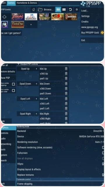 PPSSPP game library, control mapping, and graphics settings menu.