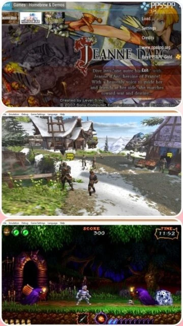 PPSSPP displays Jeanne d'Arc title, village scene, and platformer.