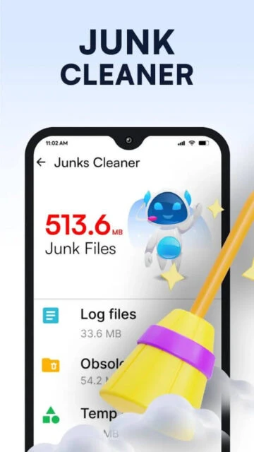 Phone Cleaner removes 513.6 MB junk files log obsolete temp with cute robot assistant