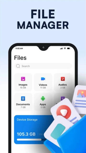 Phone Cleaner organizes images videos audios documents apps with 105.3 GB device storage