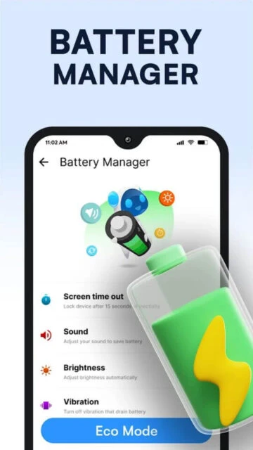 Phone Cleaner saves power with screen timeout sound brightness vibration controls and Eco Mode