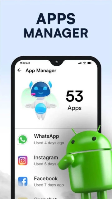 Phone Cleaner - AI Cleaner tracks 53 installed apps with usage time for WhatsApp Instagram Facebook