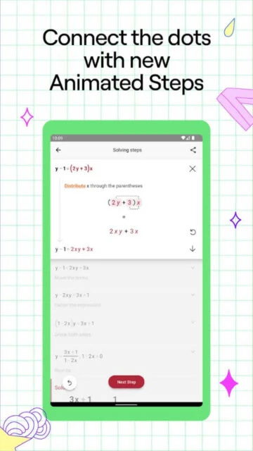 Photomath guides you through problems with animated, step-by-step breakdowns.