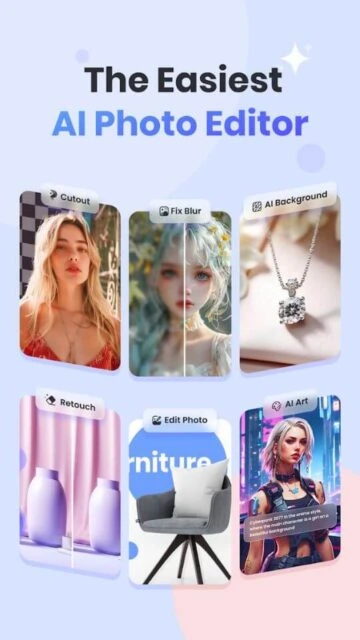 PicWish all-in-one editor grid showcasing cutout fix blur background art