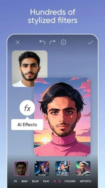 Picsart offers hundreds of stylized filters with AI Effects for creative photo transformations.