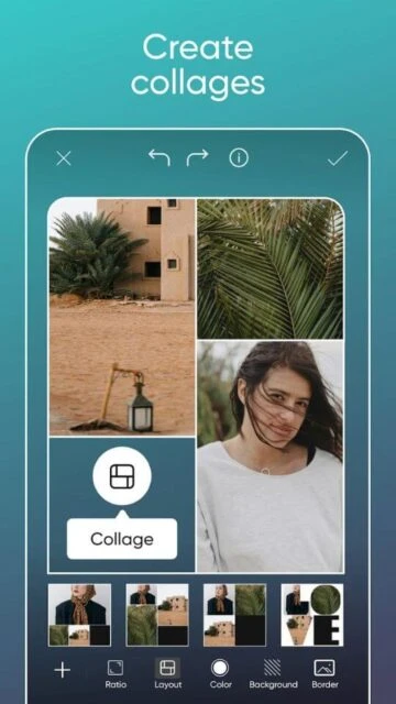 Picsart collage creator combines multiple images with customizable layouts and color options.