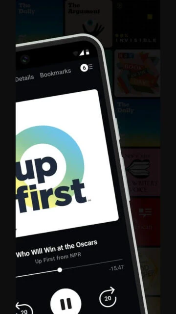 Pocket Casts Now Playing. Up First from NPR, playback controls.