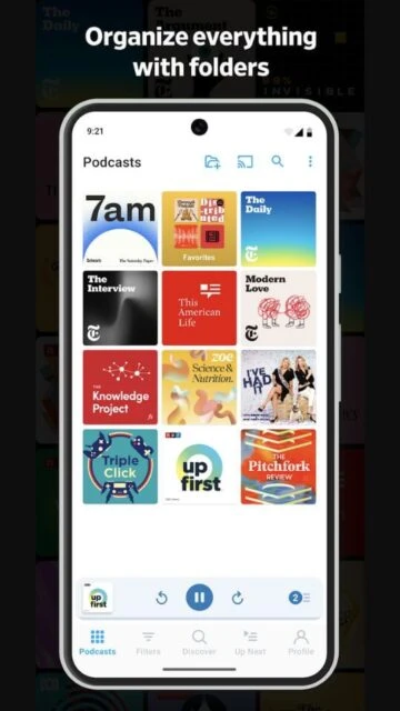 Pocket Casts organize with folders. 7am, The Daily, favorites.