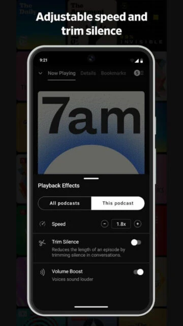 Pocket Casts Playback Effects. Adjustable speed, trim silence.