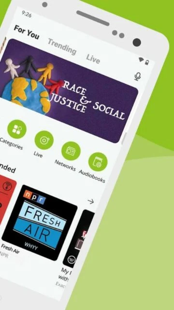 Podbean For You feed, Categories, Live, Networks, Audiobooks tabs.