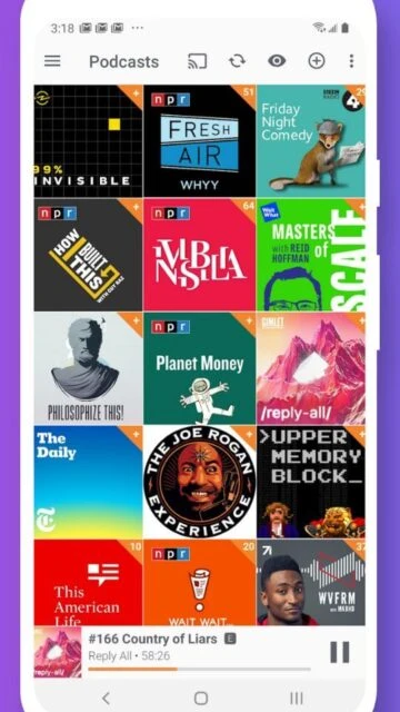 Podcast Addict grid view. NPR, The Daily, Planet Money, Joe Rogan.