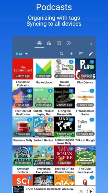 Podcast Republic Podcasts, Organizing with tags, syncing to all devices.