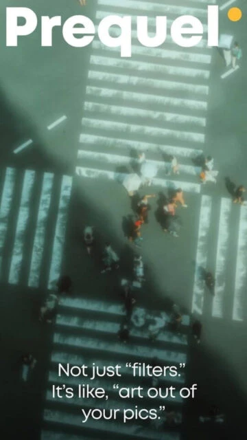 Prequel app filter on a crosswalk scene with people walking. "Not just filters. It's like, 'art out of your pics.'