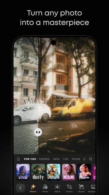 Prequel app interface showing photo comparison with "Turn any photo into a masterpiece" text.