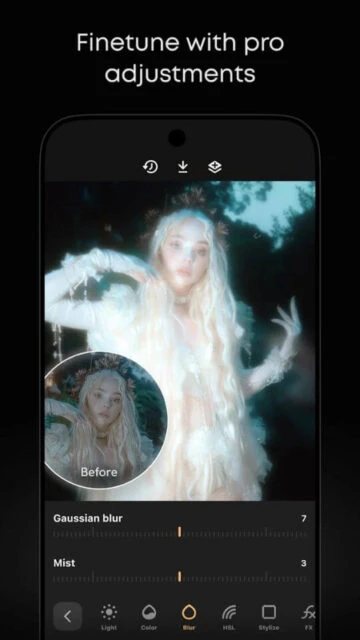 Prequel app's pro adjustments screen with Gaussian blur and Mist settings on a portrait photo.