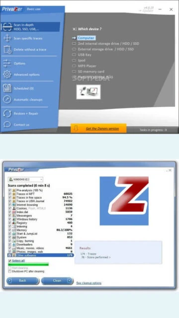 PrivaZer Basic user mode. Device selection, scan results, Z logo.
