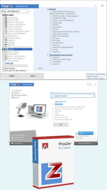PrivaZer Advanced user interface. System scan options and box art.