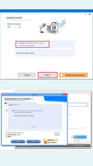 PrivaZer setup screen. Secure cleanup in progress, donate options.
