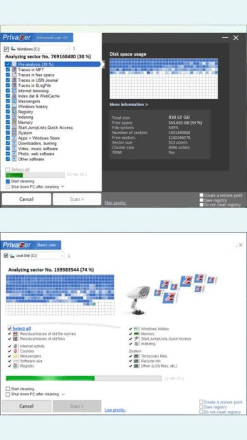 PrivaZer disk analysis with sector map. Space usage, file types listed.