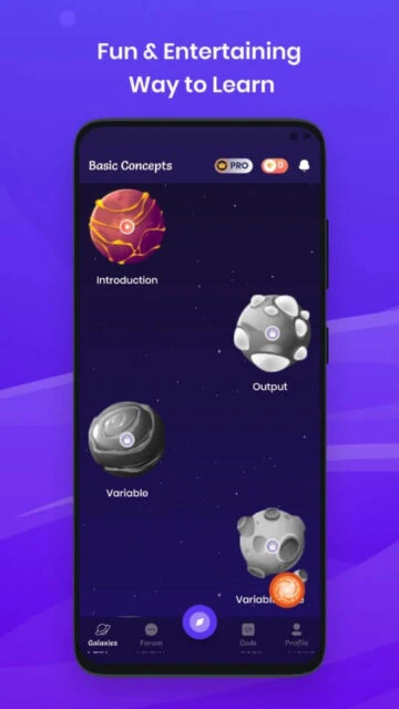 Programming Hero app. Fun way to learn, Basic Concepts, planets.