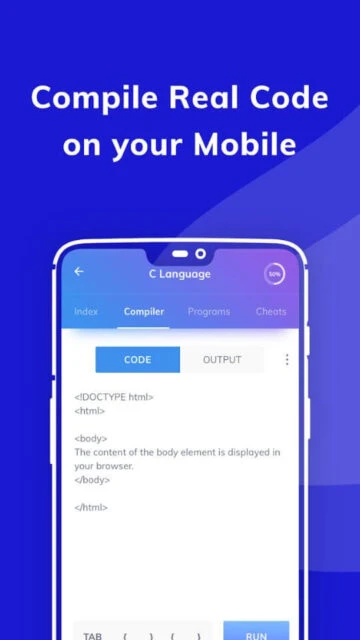 Programming Hub compile real code. C Language, HTML, RUN button.