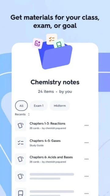 Quizlet app organizes Chemistry notes into study sets for exams, with 24 items by user.