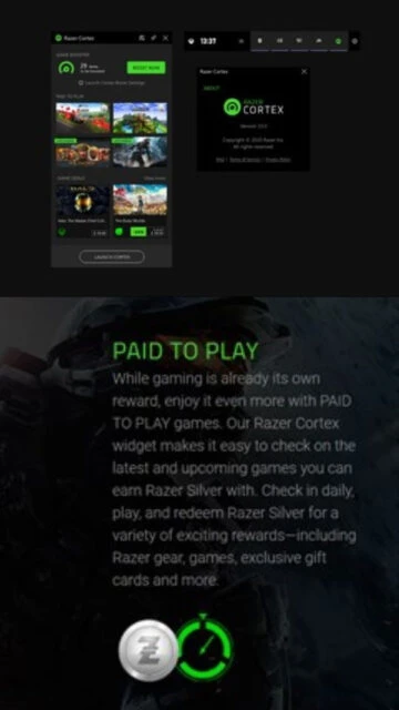Razer Cortex interface with game list, boost, and PAID TO PLAY section.