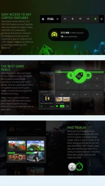 Razer Cortex features: RAM release, CPU core, GAME DEALS widget.