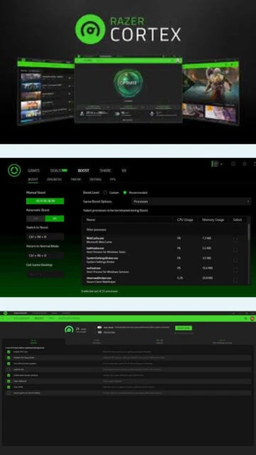 Razer Cortex BOOST panel. Process termination, performance settings.
