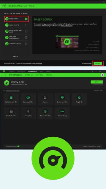 Razer Cortex installer & SYSTEM CLEAN tool. Green logo shown.