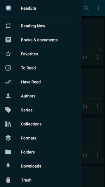 ReadEra menu gives quick access to Reading Now Favorites To Read Authors Collections