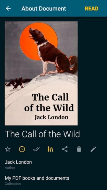 ReadEra displays book details for The Call of the Wild with read options and metadata