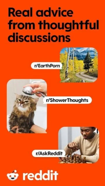 Reddit app promo for thoughtful discussions in r/EarthPorn, AskReddit.
