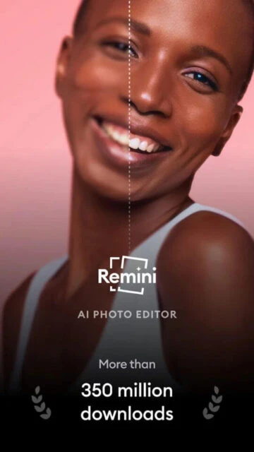 Remini AI photo editor branding with 350 million downloads shown.