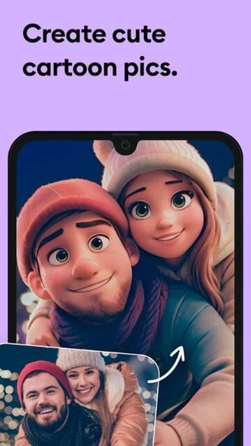 Remini app transforming a real photo into a cute cartoon version.