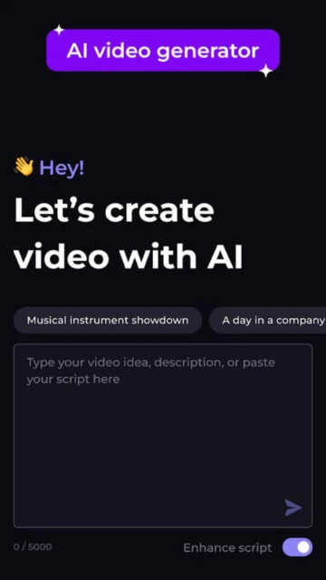 Renderforest AI video generator interface with a text box for script input.