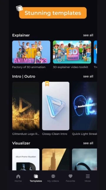 Renderforest app screen showing a grid of stunning video templates.