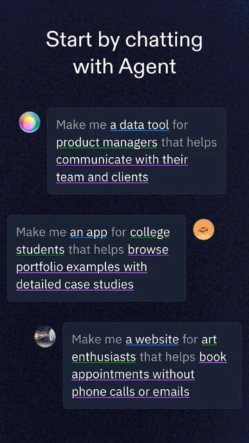 Replit Agent chat. Start by describing your app idea in text.