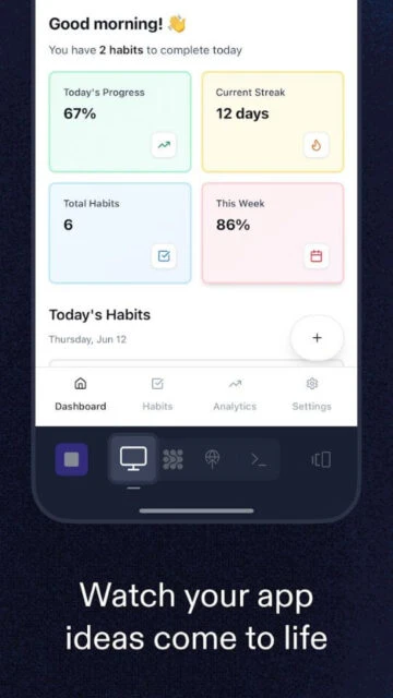Replit HabitFlow dashboard. Progress, streaks, today’s habits.