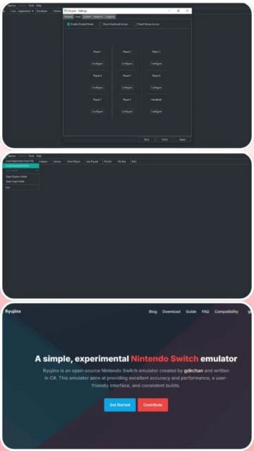 Ryujinx docked mode settings, file menu, and official website.