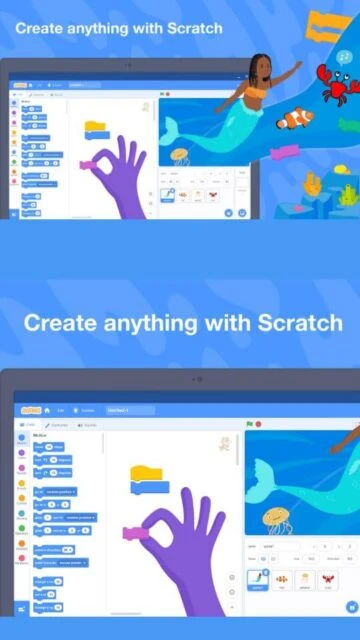 Scratch app interface for building interactive stories, games, and animations visually.