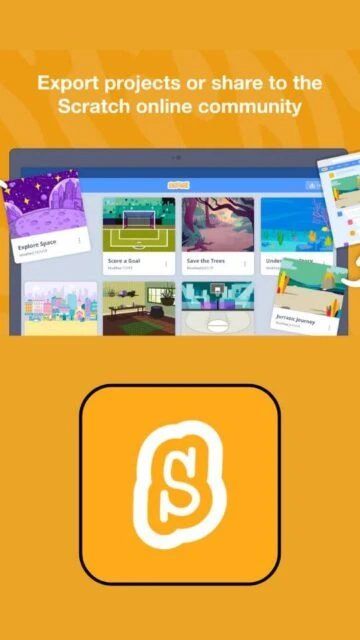 Scratch app lets users export or share creative projects with its global online community.